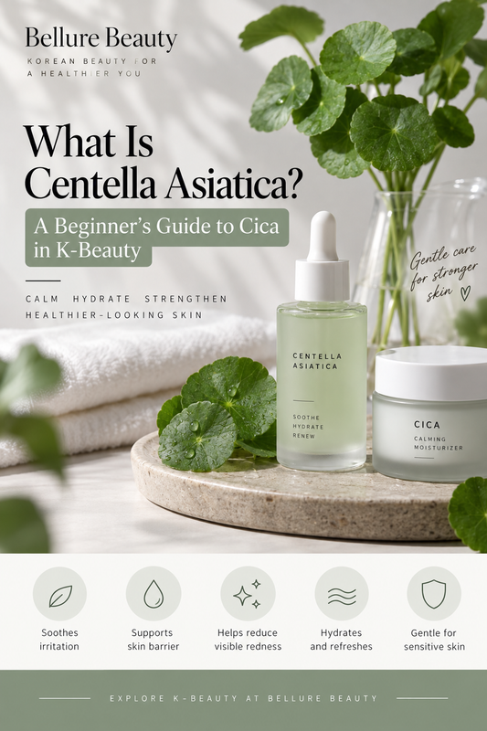 Centella Asiatica leaves beside Korean skincare products for a Cica skincare guide