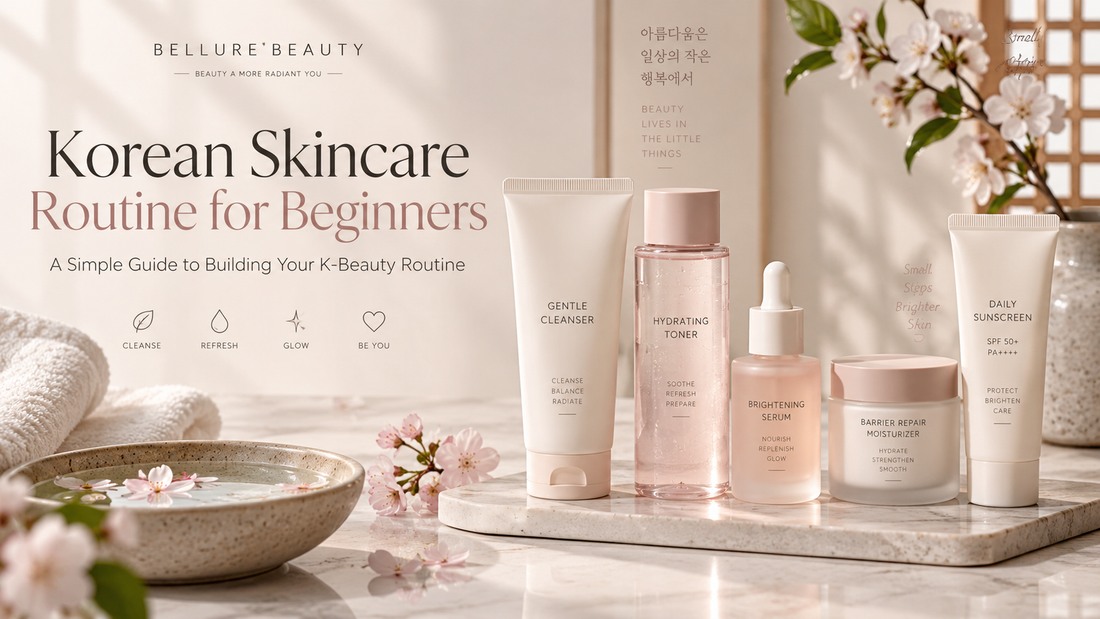 Beginner Korean skincare routine with cleanser, toner, serum, moisturizer and sunscreen