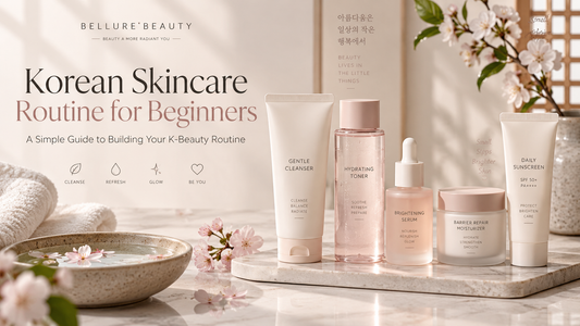Beginner Korean skincare routine with cleanser, toner, serum, moisturizer and sunscreen