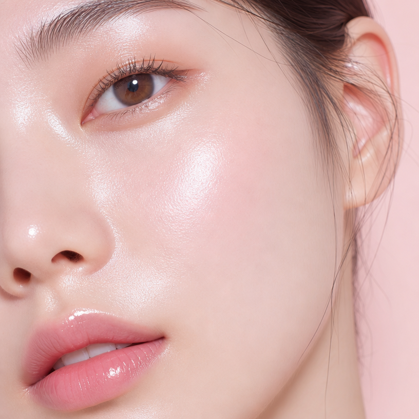 Close-up of dewy, hydrated-looking skin for a Korean glass skin routine guide
